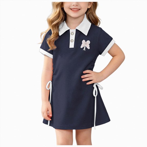 mgoYE Little Girl Dress Toddler Girls Summer Clothes School Outfits Cotton Short Sleeve Polo Dresses(Navy,1-2 Years)