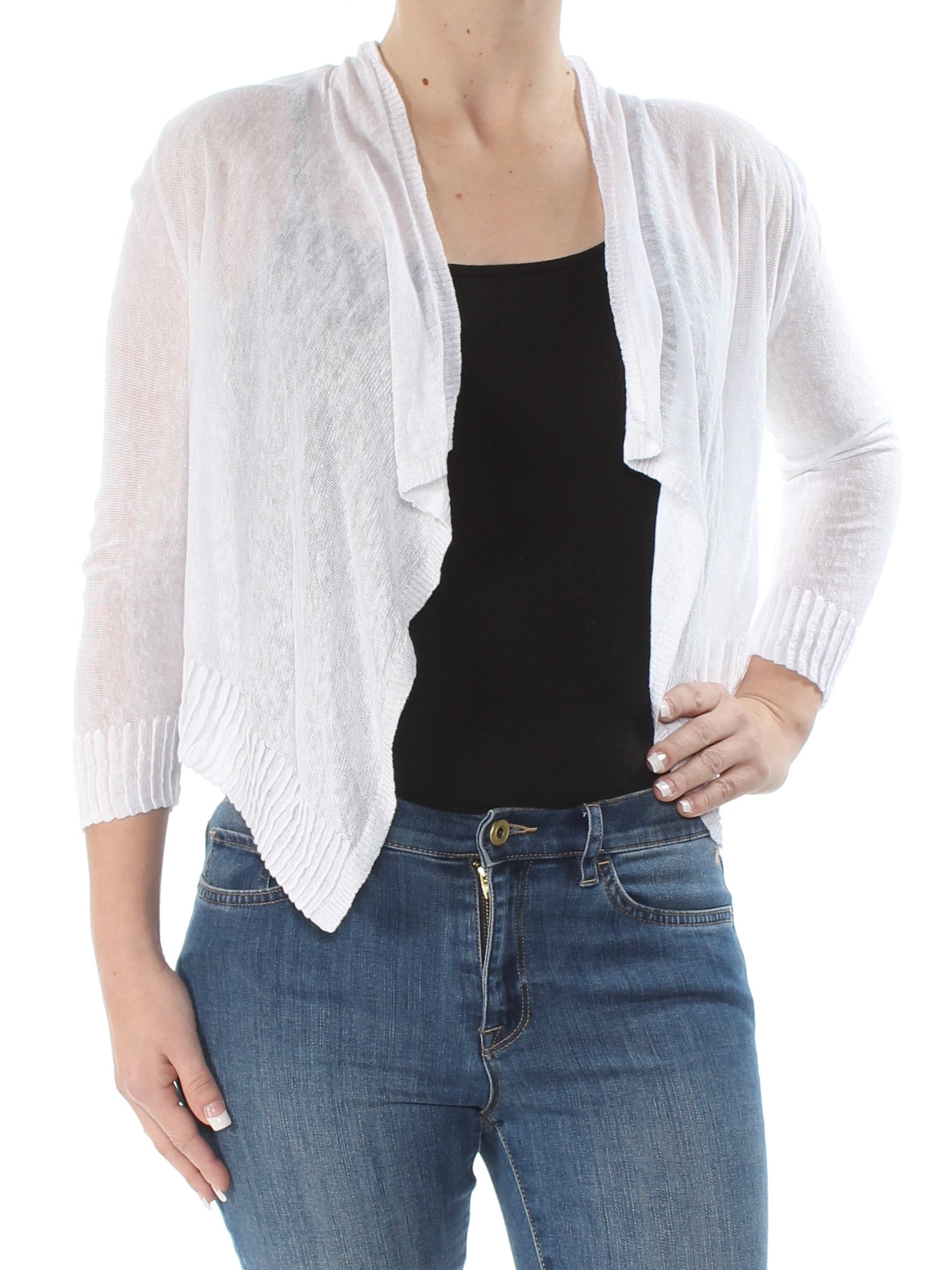 INC INC Womens White Ruffled 3/4 Sleeve Open Cardigan Top Petites