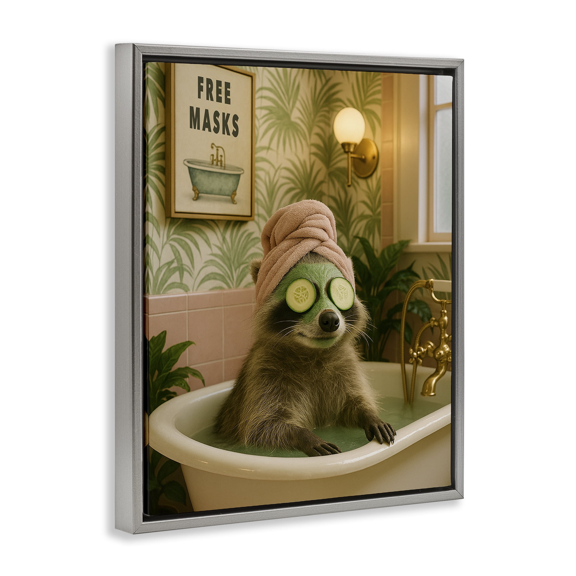 Stupell Industries Raccoon Spa Day Bath Gray Framed Floater Canvas Wall Art, design by Grotto Studios