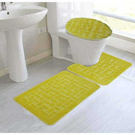 Sydney 3 Piece Bath Mat Contour And Lid Cover Rug Set Yellow