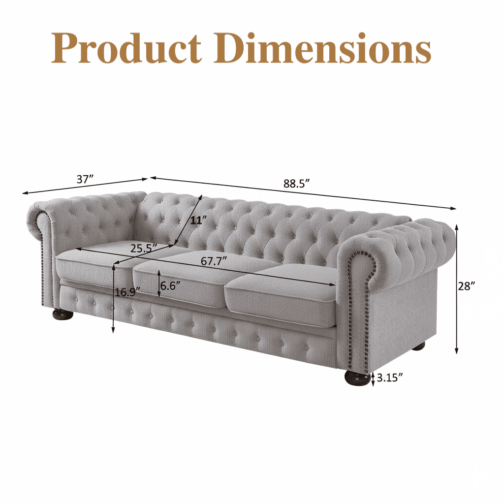TiramisuBest Classic Chesterfield Sofa, 89" Mid Century Modern Couch with Deep Seat, Button Tufted Chesterfield Couch for Living Room, Office & Apartment, Linen (Grey)