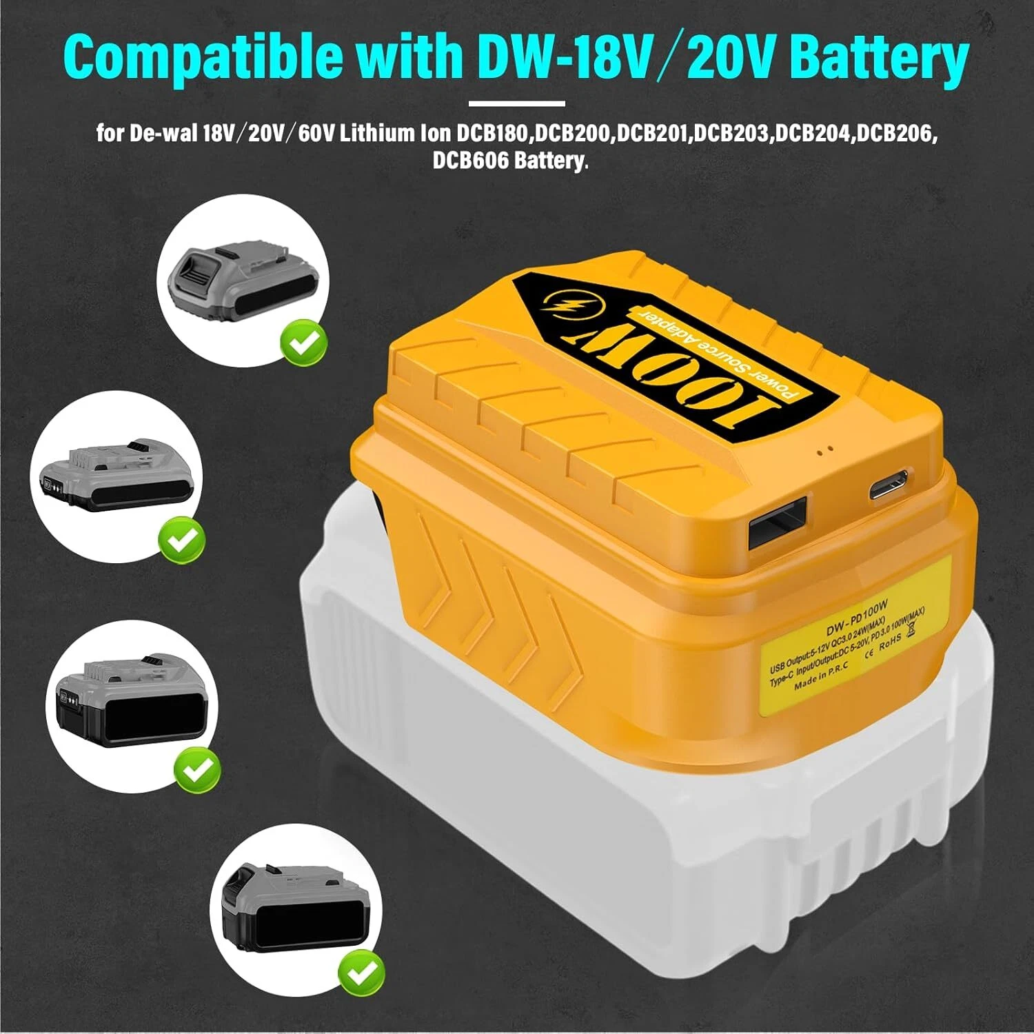 100W USB Power Source Adapter Fast Charger for Dewalt 18V 20V Battery Type-C