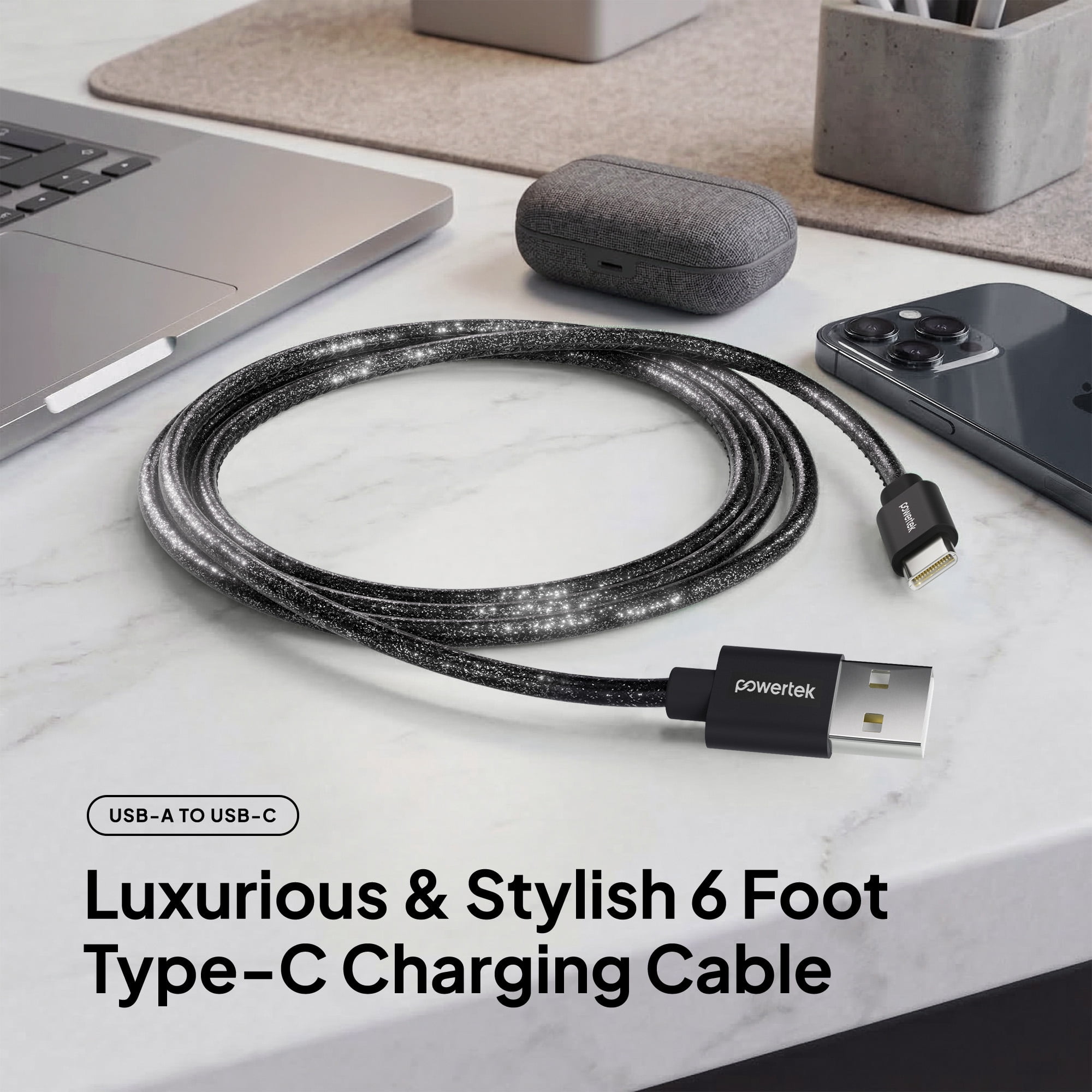 Powertek USB-A to USB-C Cable, Fast Charging Type-C Charger Cord, Durable Tangle-Resistant Sync Cable, Black Glitter, 6FT
