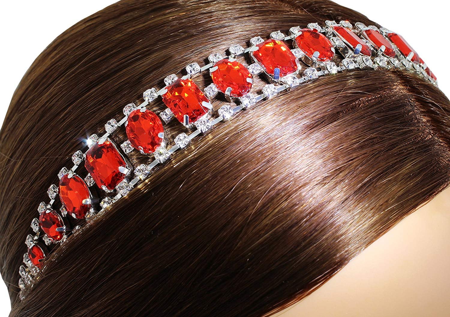 Elastic Headband with Oval and Rectangle Gems and Sparkling Crystal