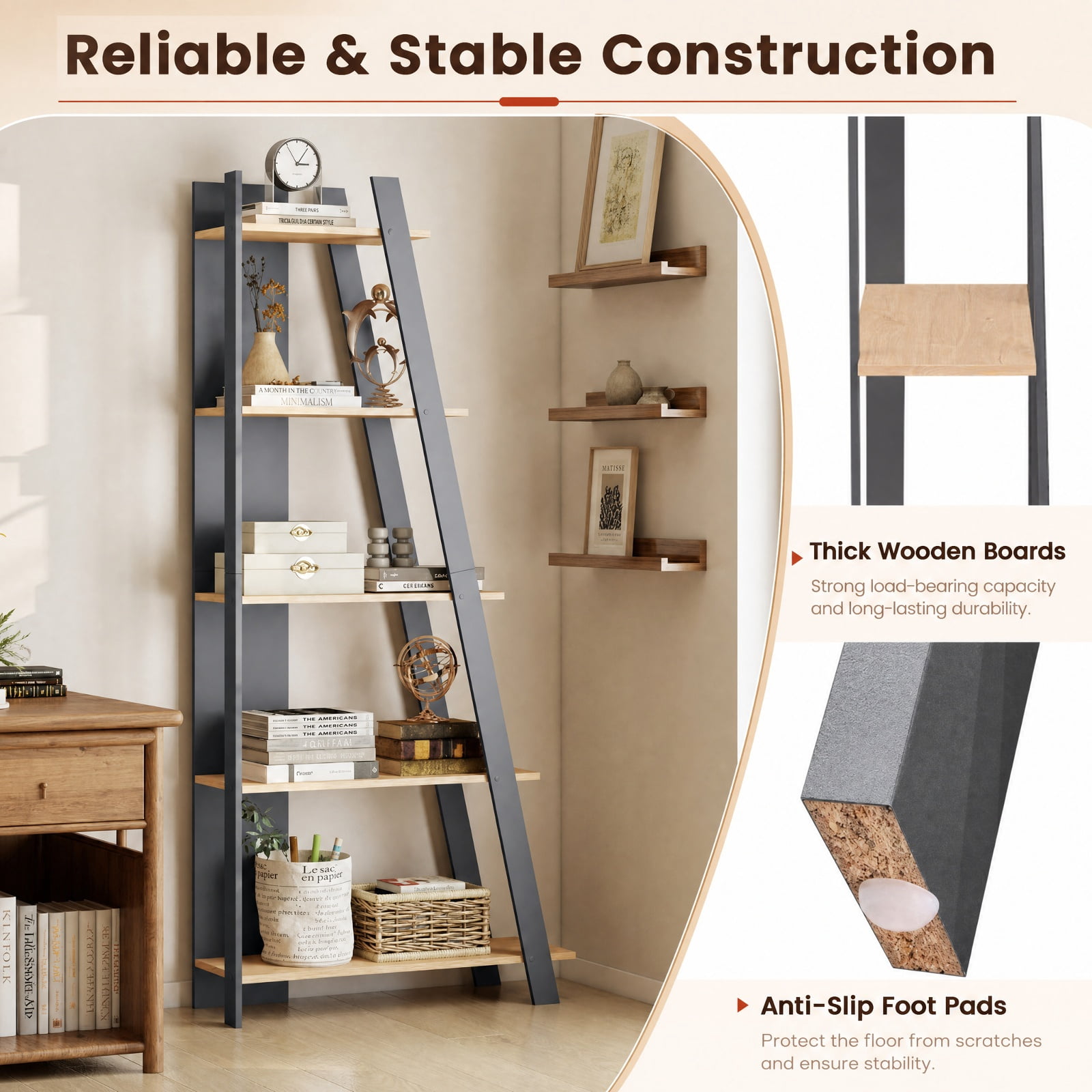 Furnibear 5-Tier Modern Bookshelf Narrow Vertical Display Shelf for Small Space for Living Room Home Office Bedroom Display Storage Shelf, Gray