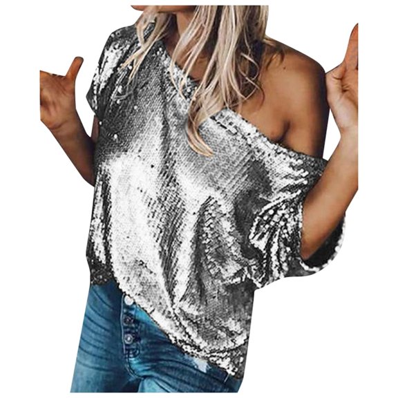 Wangmeiwg Women's T-Shirts title Women's Sequin V Neck Tank Top Solid Color Slouchy T Shirt With Charm Grey XXL