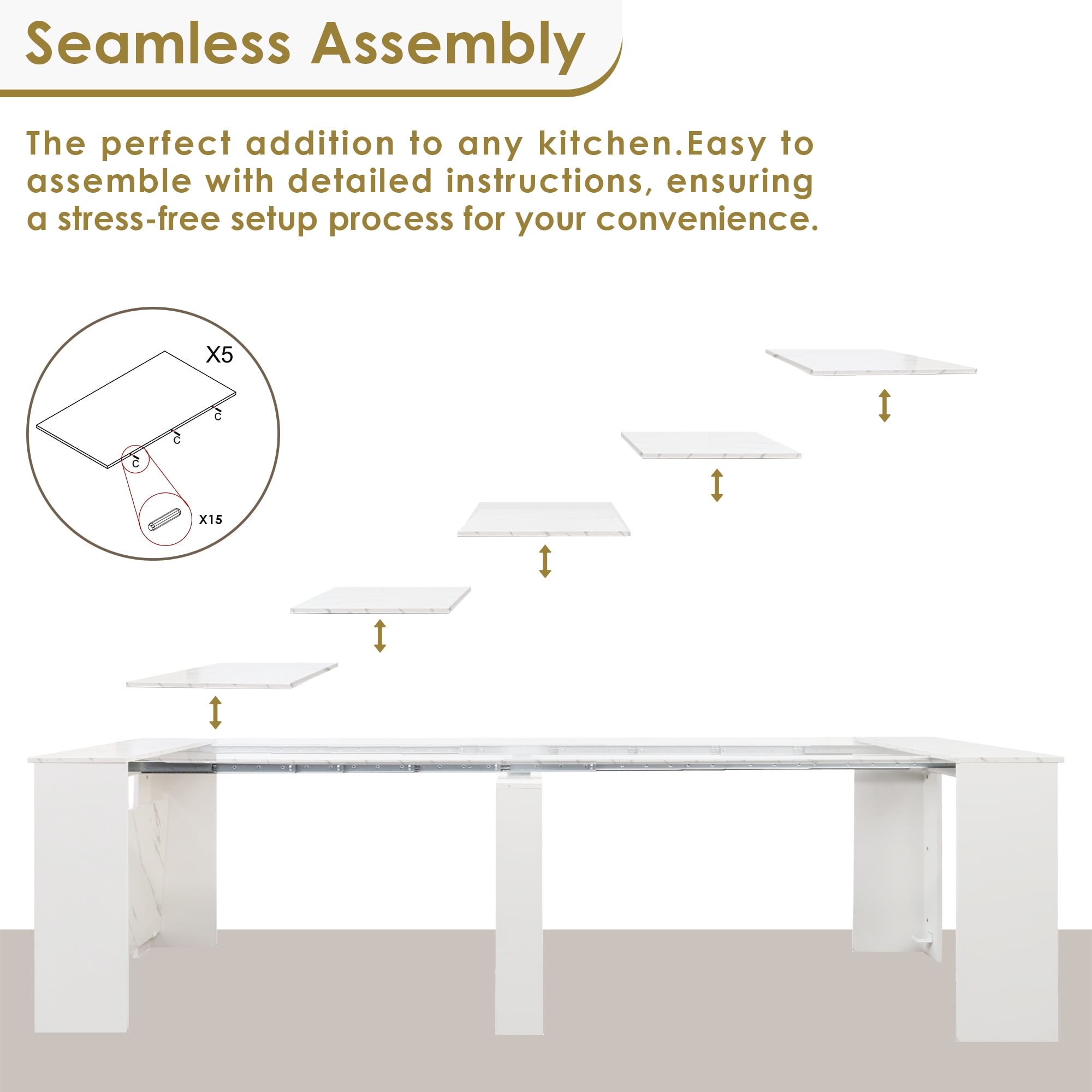 20"-118" White Marble Extendable Dining Table for 2-12 People, Modern Modular Extension Table, Space-Saving Extra Long Folding Dining Table, Multifunctional Conference Meeting Table