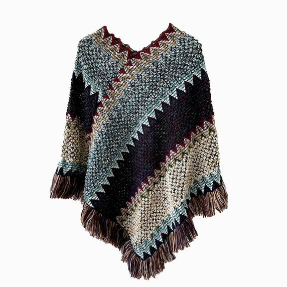 FUNUONY Hot Sale!! Women's Vintage Fringe Pullover Shawl Striped Wrap Poncho Cape Soft Crochet Shawl Women Nationl Print Colourful Splice Poncho with Tassels Knitted Shawl Scarf Blue One Size