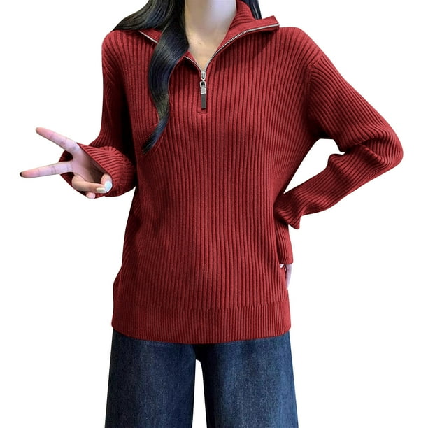 Suéter de cuello alto para mujer, holgado, con media cremallera, cuello alto, manga larga, tejido, abrigo