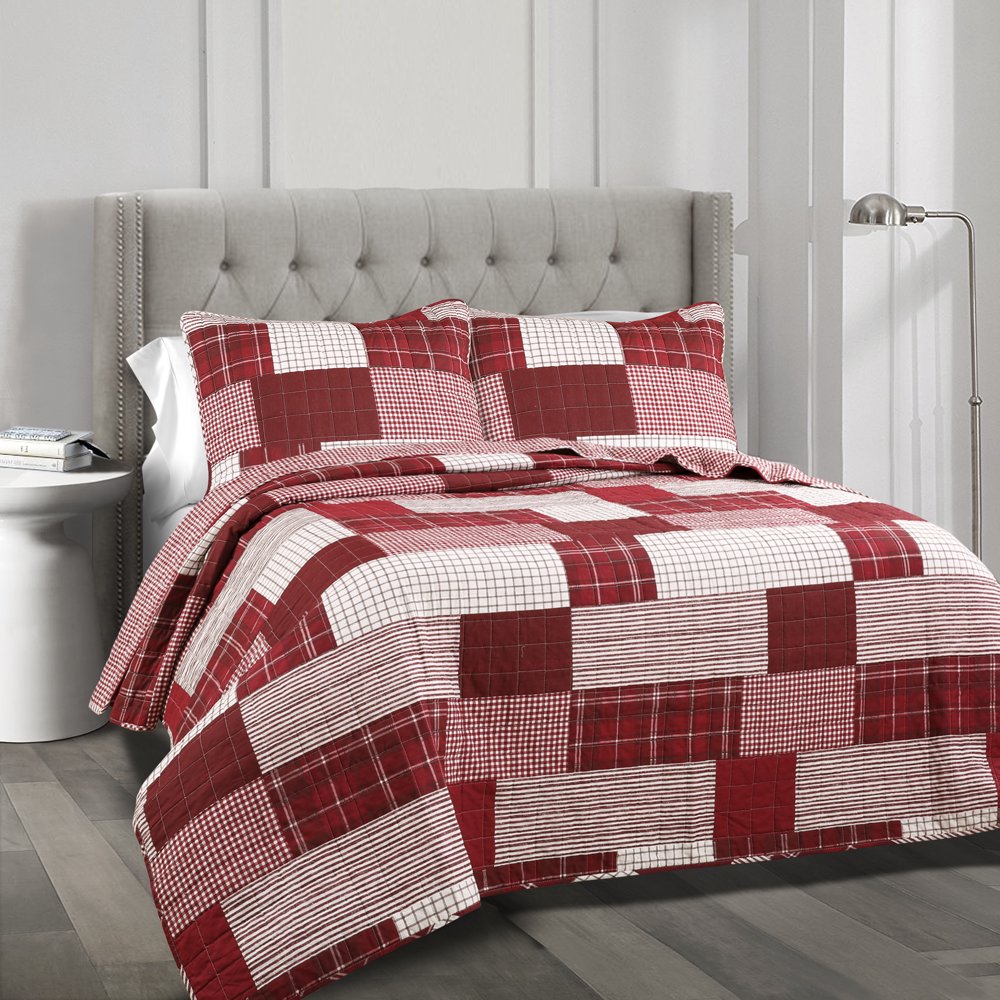 Lush Decor Greenville Cotton Reversible Quilt, Full/Queen, Red, 3Pc