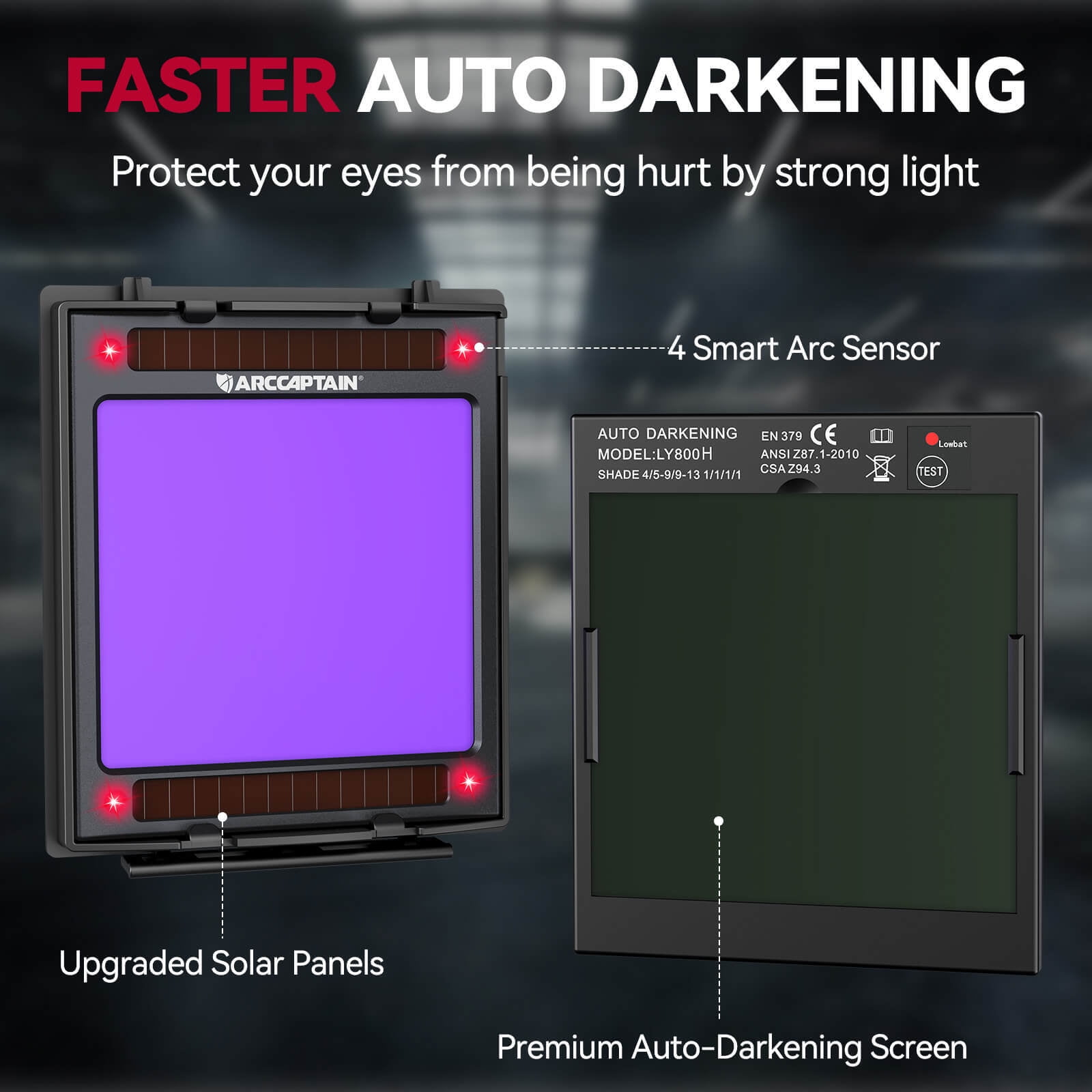 ARCCAPTAIN Auto-Darkening Welding Helmet with True-Color Wide Lens, LED Headlamp, Dual Solar & Battery Power, MIG/TIG/Stick Welding, Comfortable