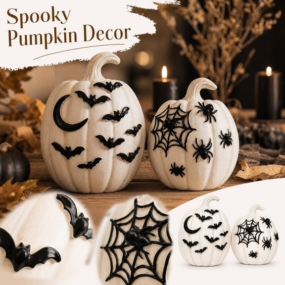 Halloween Pumpkins Decor, White Pumpkin Figurine Decorations with Black Spider & Bat Accents, Resin Pumpkin Statue for Mantel Shelf Entryway Table, Fall Halloween Home Decor (A)