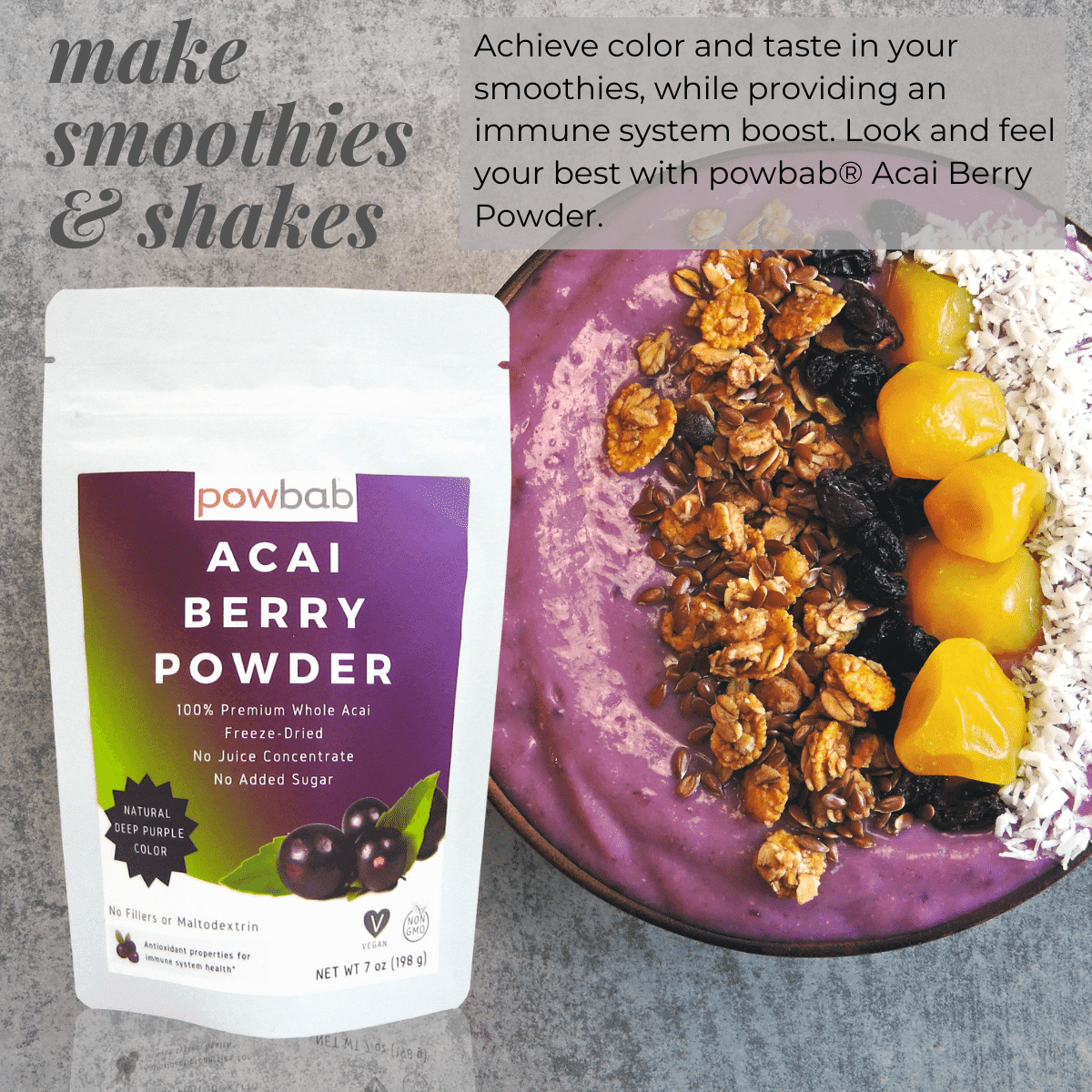 powbab Acai Berry Powder - 100% Organic Acai Berries Unsweetened (7 oz)