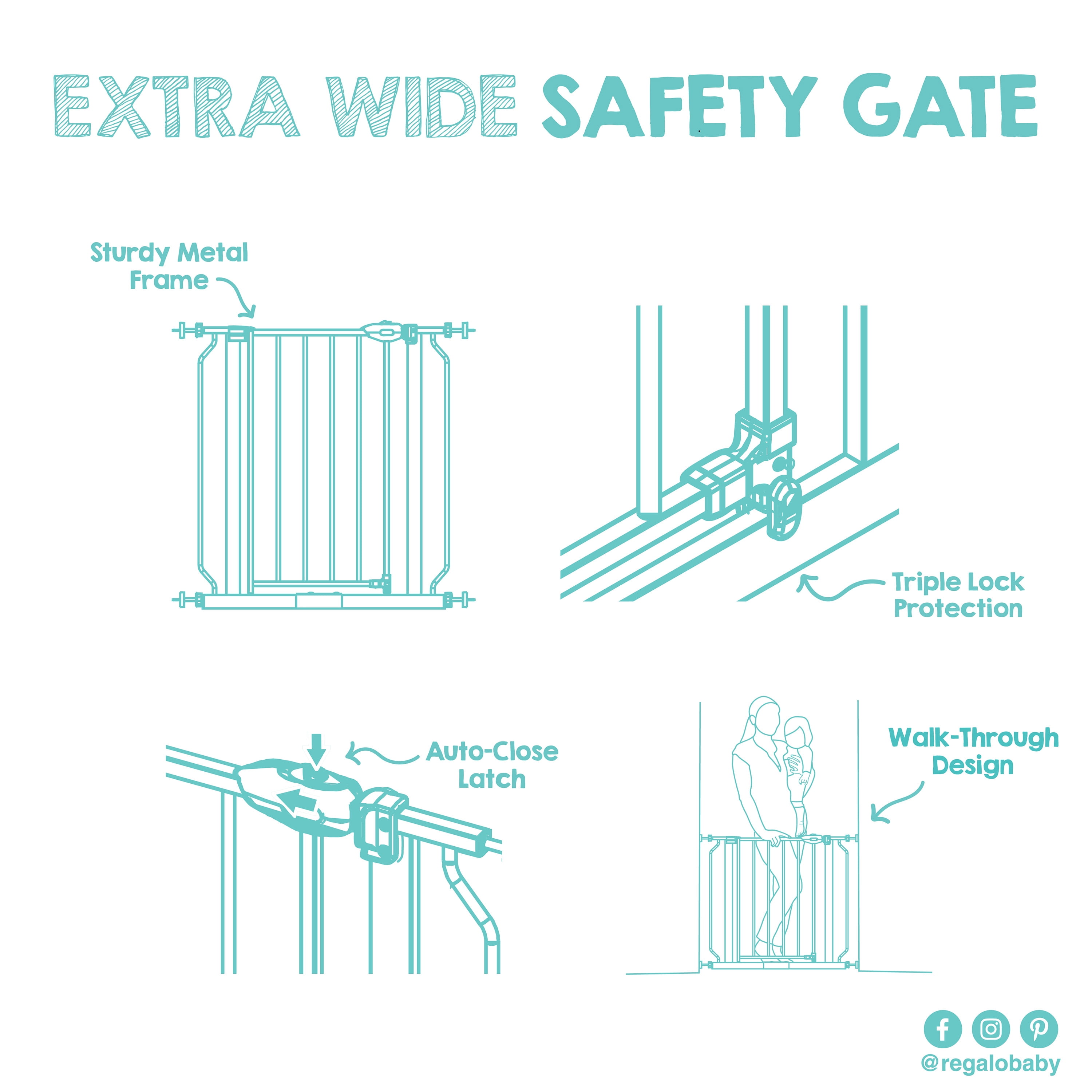 Regalo Extra Wide Walk-Through Baby Gate with Door, 29.5-38.5 in, White, Ages 6-24 Months