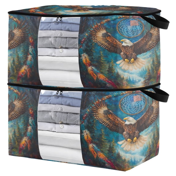 WOBOGO White Headed Sea Eagle Clothes Storage 2Pack Foldable Thick Fabric Blanket Organizer Bag with Handle 21.65×13.78×12.4in