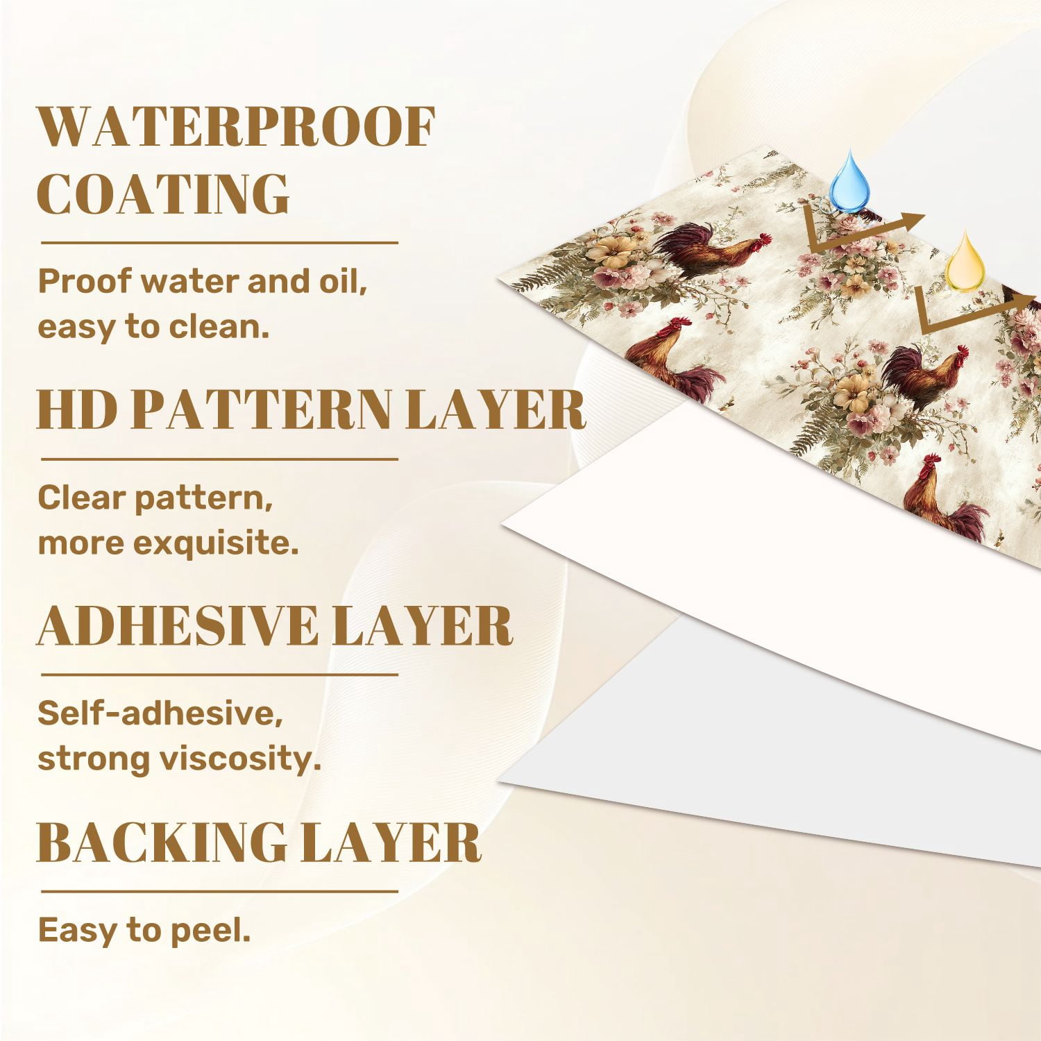 Peel and Stick Wallpaper 23.6in x 9.8ft Rustic Country Inspired Roosters Flowers Vines Farmhouse Contact Paper Vinyl Waterproof Self Adhesive Wall Paper for Bedroom Shelf Cabinet Renter Friendly