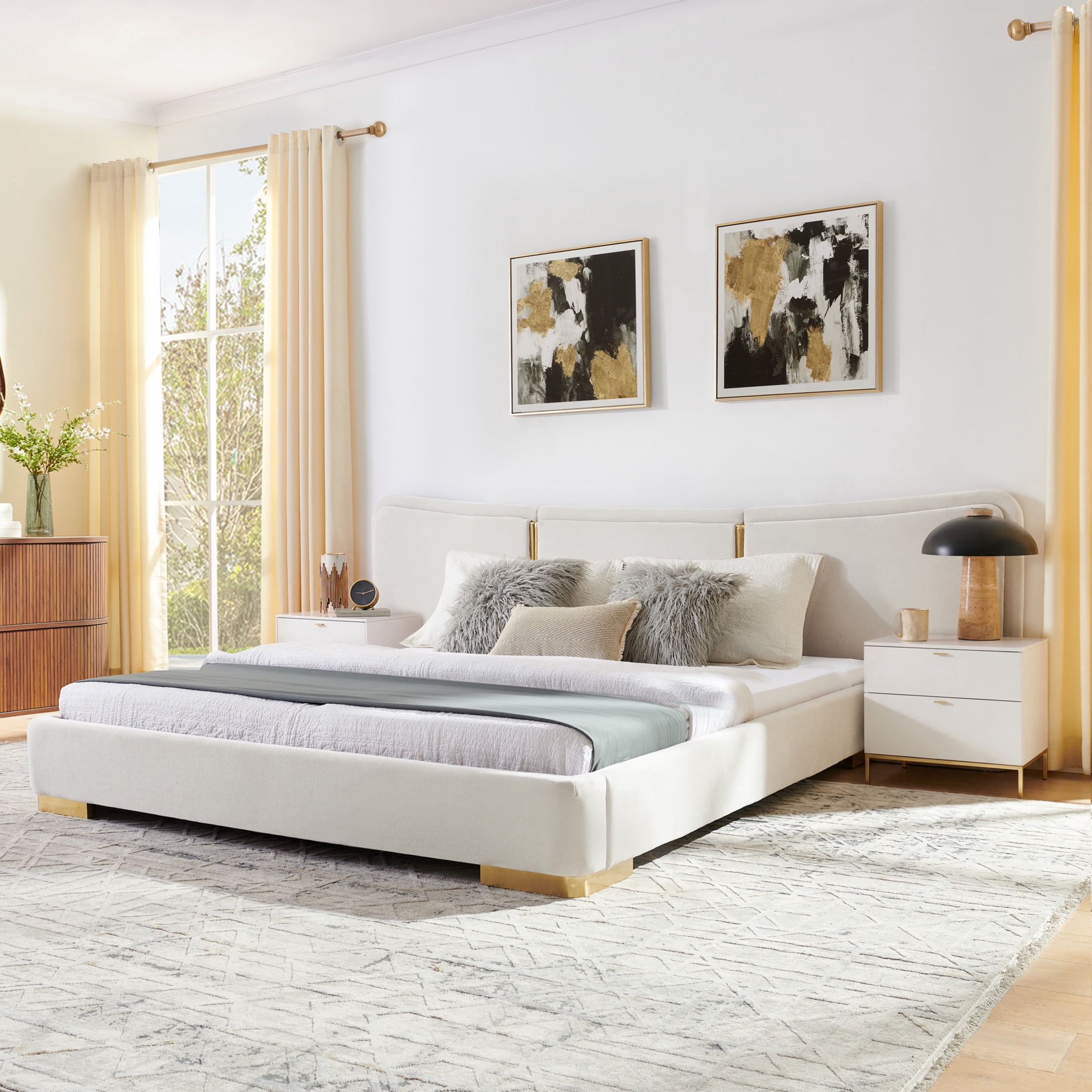 Noble House Zerra Queen Size Platform Bed, Chenille Upholstered Curved Headboard with Reinforced Metal Legs, Beige