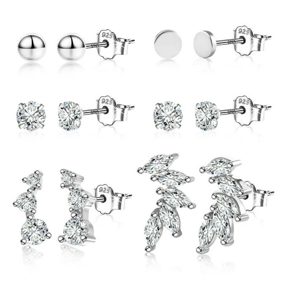 Alexcraft Sterling Silver Stud Earrings for Women Men | 6 Pairs Ball Cubic Zirconia Stud Earrings Set | Small Cartilage CZ Hypoallergenic Piercing Earrings for Teens