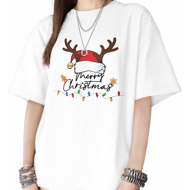T Shirts for Womens Christmas Santa Hat Short Sleeve Graphic Tees Loose Fit T-Shirt Cotton Casual Tops