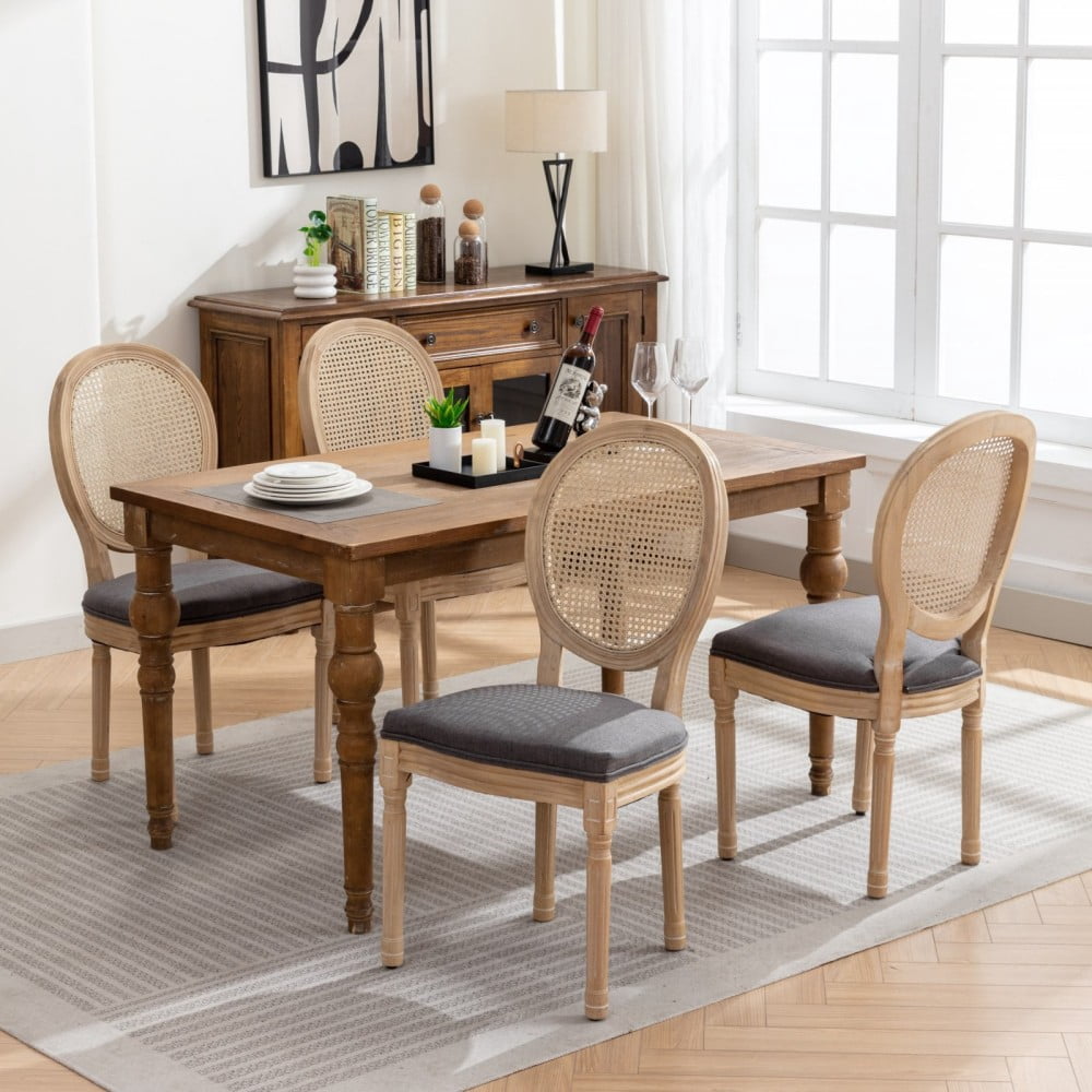 French Style Dining Chairs Set of 2, Solid Wood Upholstered Kitchen Chairs with Rattan Backrest, Linen Fabric, Antique Finish, Light Gray