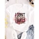 thumbnail image 1 of Camiseta de cuello redondo casual para mujeres, tejido de poliéster, longitud regular, con estampado de alfabeto en negrita, para todas las estaciones, 1 of 6
