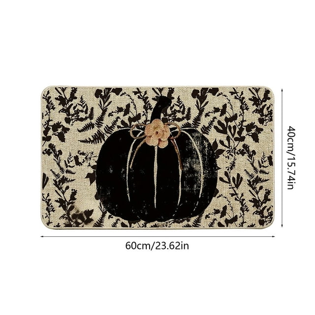 decoraciones de halloween, adornos de halloween, regalos de halloween, tapetes de calabaza de halloween, tapetes de entrada, tapetes a prueba de puertas, tapetes antideslizantes para baño, tamaño 15.3 Tapete multicolor de poliéster 60x40 cm (23.6x15.3 in) con vista frontal centrada; calabaza negra grande con lazo rústico sobre fondo beige con motivos de hojas oscuras, esquinas redondeadas y respaldo antideslizante de PVC, ideal para entrada, baño, cocina o zona de mascotas.