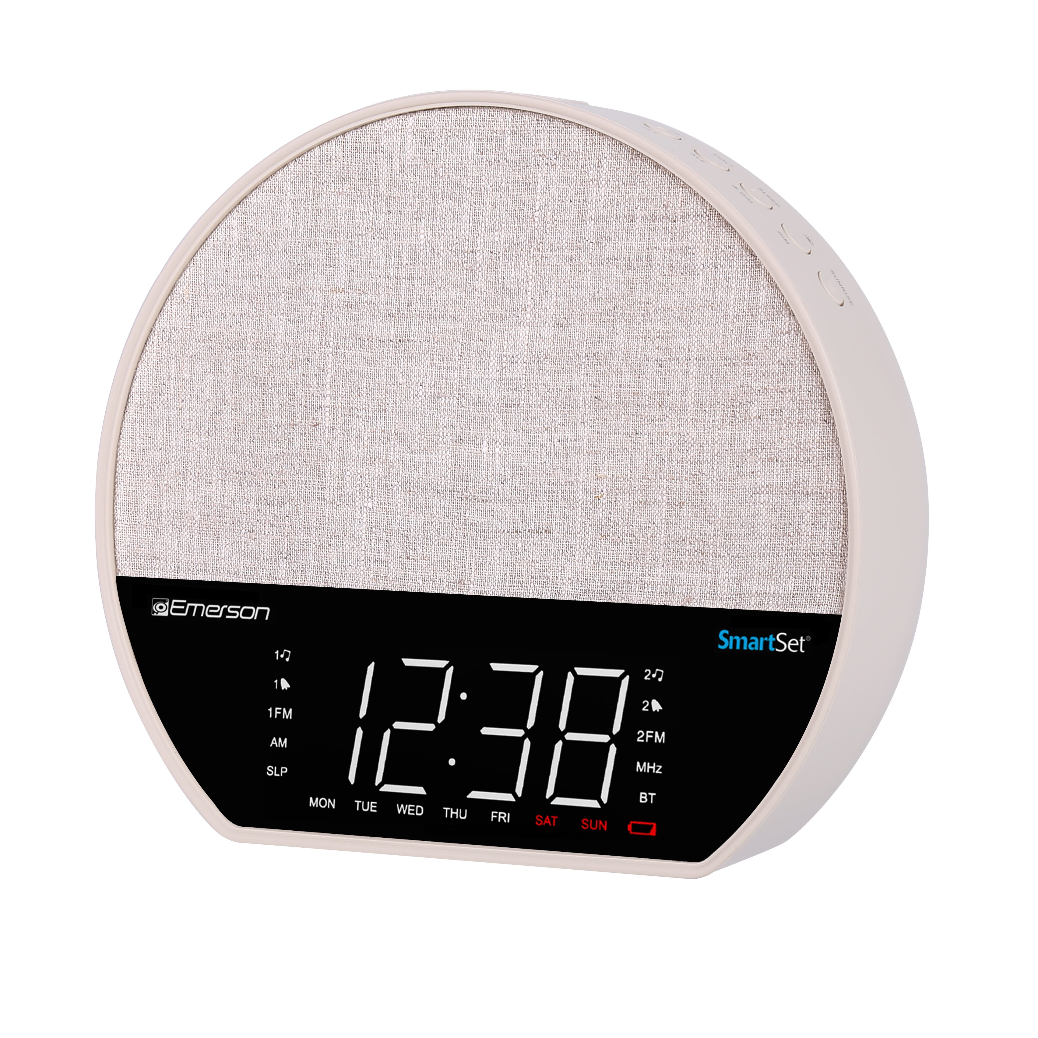 Emerson Sunrise SmartSet Alarm Clock Radio - 1.2" LED Display, White Noise, 6 Soothing Sounds, 8-Color Dimmable LED, Bluetooth Speaker, White - CKSS7071