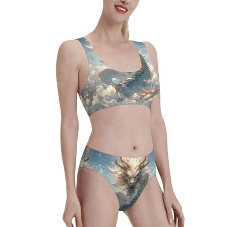 Uemuo Cool Cloud White Dragon Printed Women s High Waisted Bikini Sets Sporty Two Piece Swimsuits Color Block Cheeky High Cut Bathing Suits-X-Large