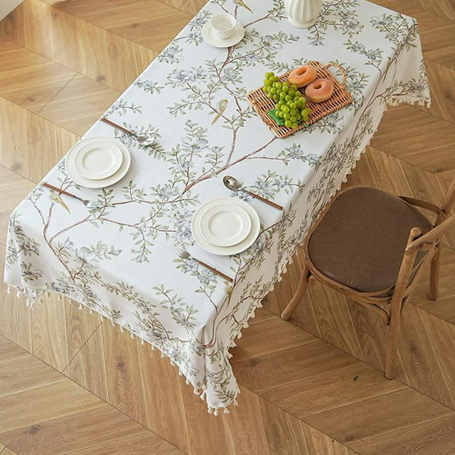 QTOCIO Nappe à Imprimé Pompons Floraux et Oiseaux Imitation Lin Rectangulaire pour Table et Table Basse, Housse de Table Anti-Saleté, Nappe Adaptée à la Décoration de Table de Salle à Manger