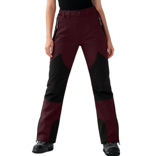 FAVIPT Pantalon de Ski Imperméable pour Femme, Pantalon d'Hiver Chaud avec Poches, Pantalon Patchwork Doublé en Molleton pour Planche à Neige et Randonnée, Pantalon de Sport Rouge,P