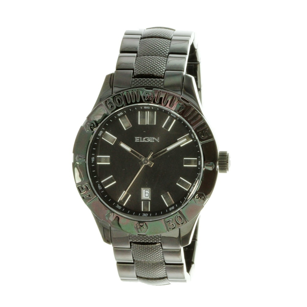 Elgin - Men's Round Analog Black On Black Watch With Date FG7090