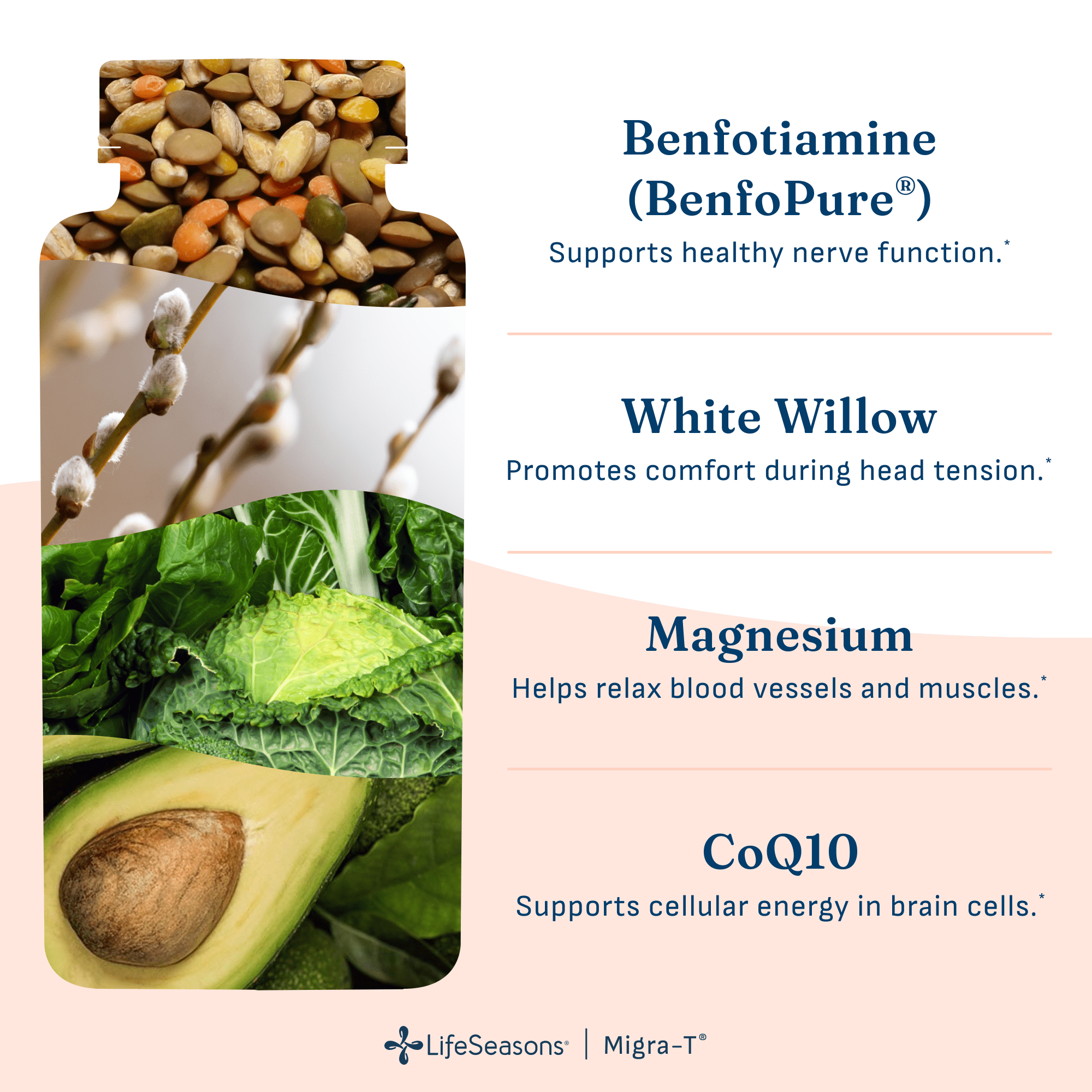 LifeSeasons - Migra-T - Migraine Prevention & Relief Supplement - Support for Severe Headaches - Reduces Light Sound & Odor Sensitivity - Feverfew, White Willow, Magnesium Ginger & CoQ10-60 Capsules
