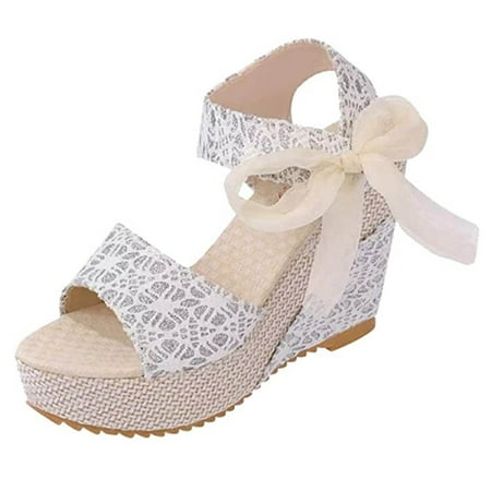 

Penkiiy Womens Peep Toe Wedge Platforms Wedges Sandals Open Toe Ankle Strap Summer Lace Bow High Heel Beach Sandals 38 White