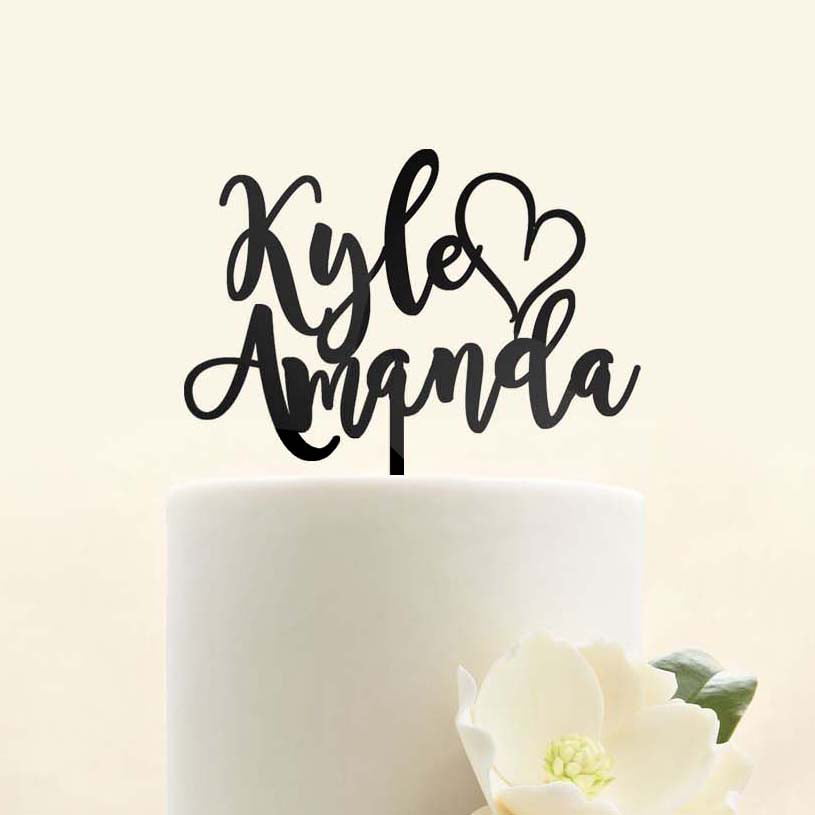 Custom Personalized Mr Mrs Names Heart Bride and Groom Wedding Cake Topper Modern Calligraphy Script Unique Anniversary Cake Topper
