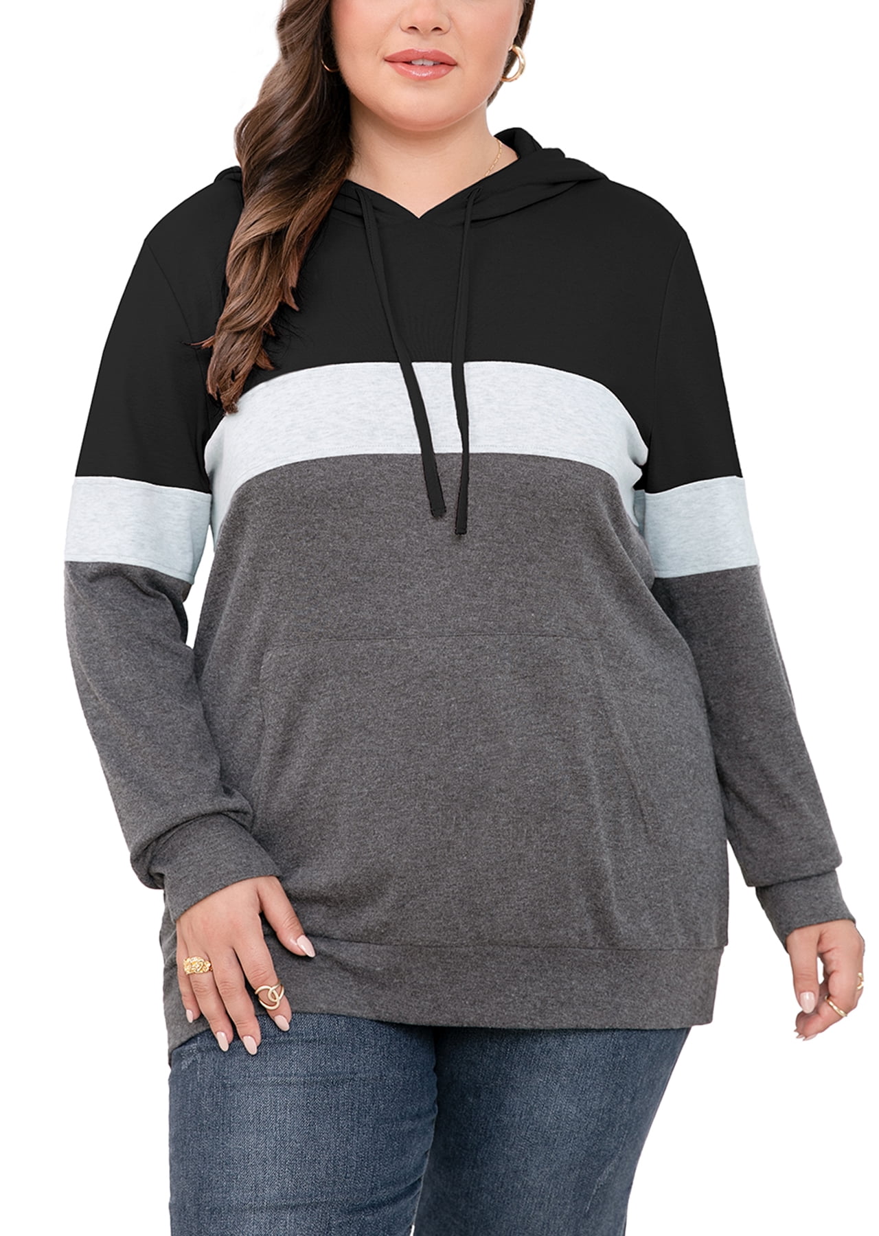 JuneFish Women's Plus Size Long Sleeve Sweatshirts Color Block Hoodies ...