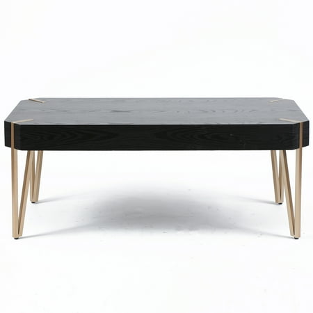 LuxenHome 46 W Manufactured Wood Veneer and Gold Metal Coffee Table Black