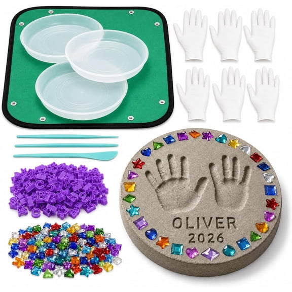 DIY Stepping Stone Kit with Round Mold, Letter Number Stamps & Mosaic Gems, Handprint Footprint Garden Craft Set for Outdoor Patio Lawn Decor(12in)Q