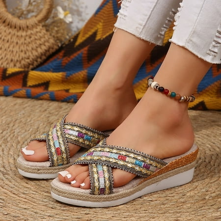 

WNG Summer Casual Sequin Colour Blocking Bohemian Style Weaving Thick Bottom Slope Heel Large Size Sandals Slippers