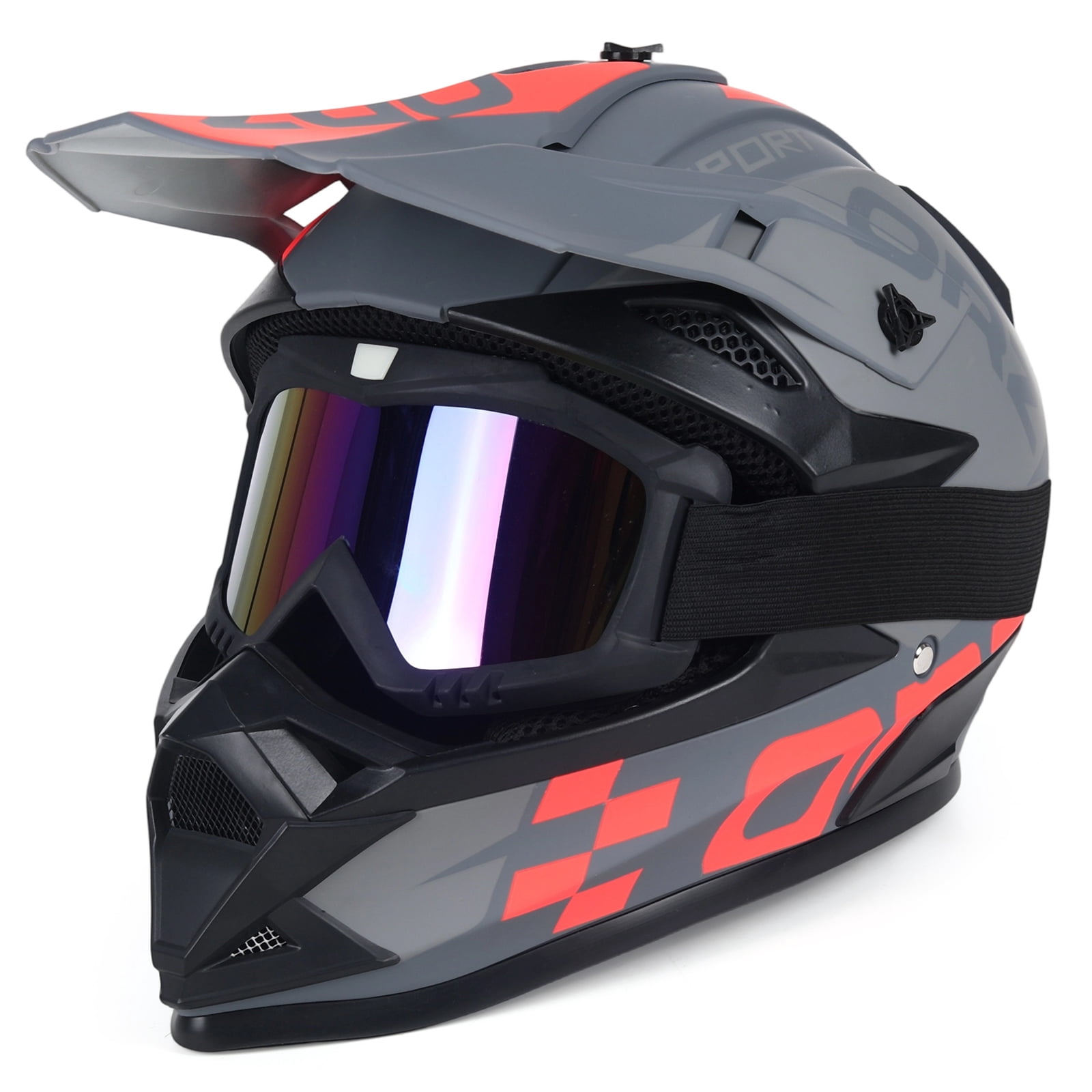 Motorcycle Full-Face Adult Helmet with Goggles, DOT Approved Motocross ATV Offroad Dirt Bike Helmet, L Size, Matte Gray