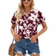 thumbnail image 1 of Camisa de manga corta de gasa para mujer, estampado floral, manga corta, verano, cuello en V, pantalón corto suelto y casual, Top de manga corta, rojo vino S, 1 of 6