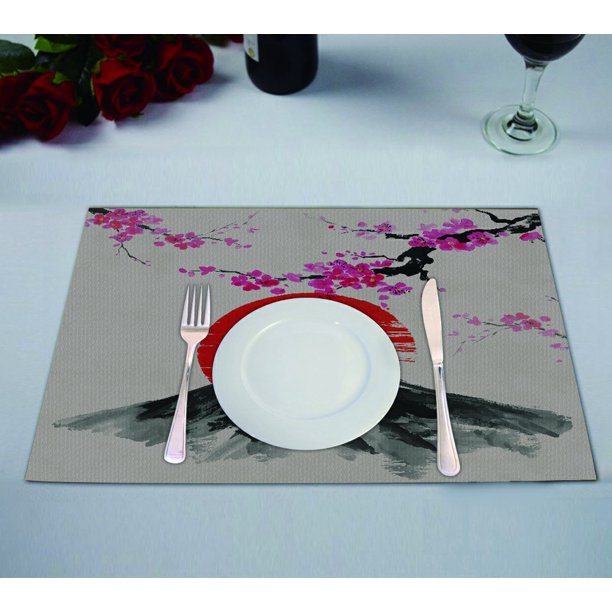 GCKG Japanese Placemat, Sakura Cherry Trees Mountain Fuji Under the Red Sun Placemat 12x18 Inch