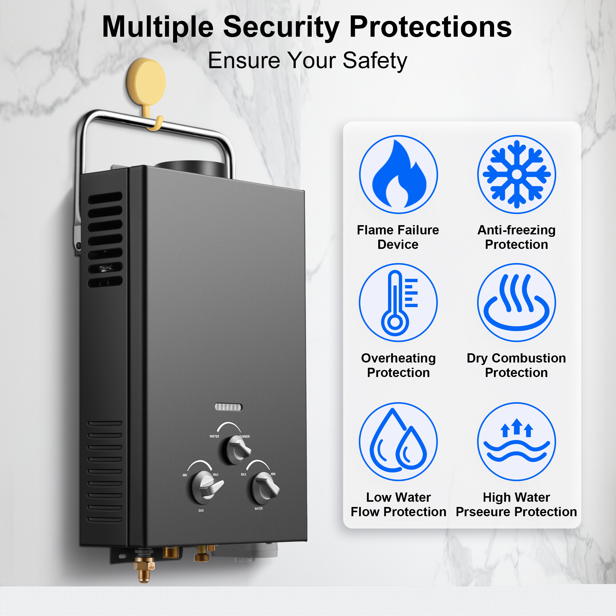 6L Portable Natural Gas Tankless Water Heater, 1.58GPM Instant Hot Shower for Camping/RV, 40K BTU, Black