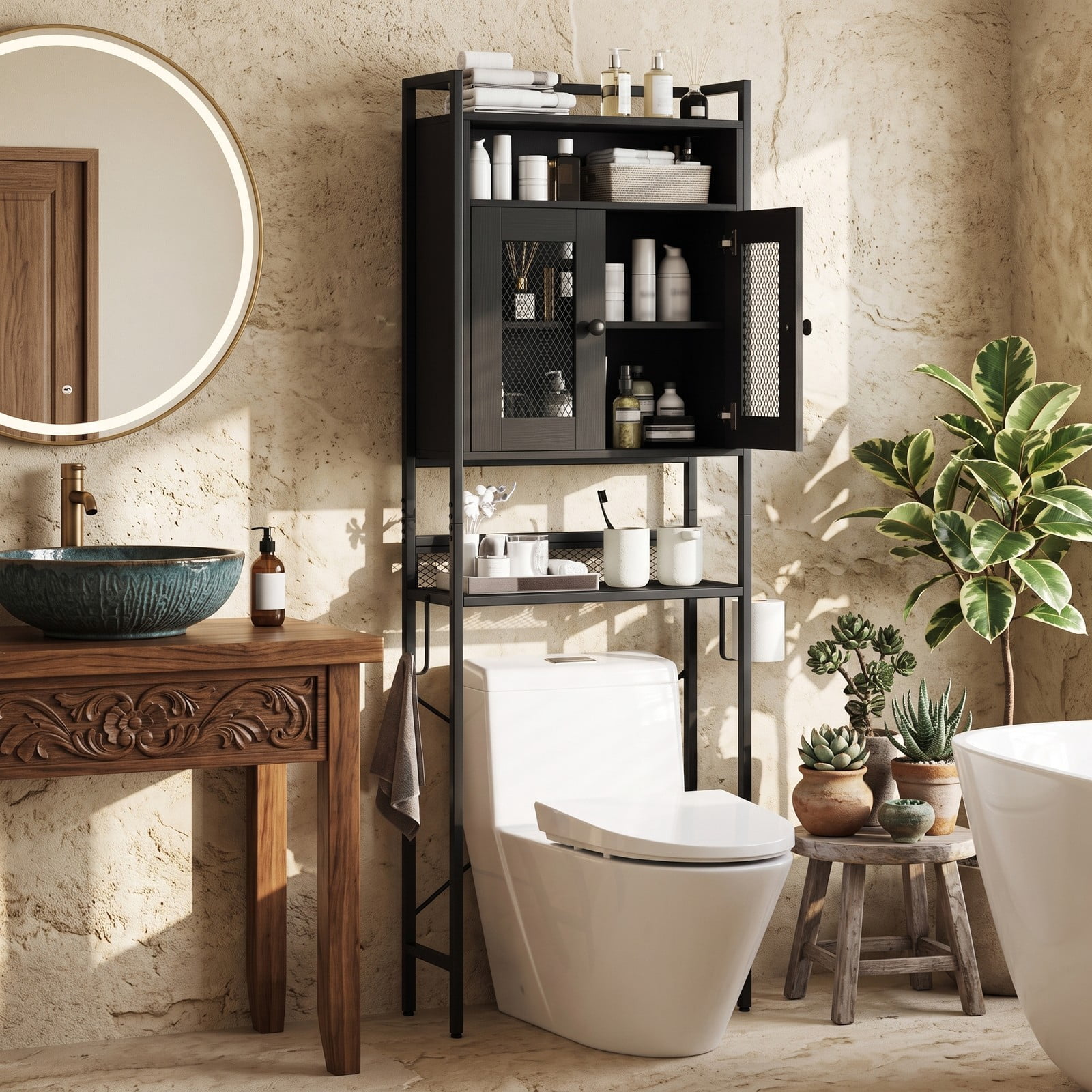 ALPULON Freestanding Over the Toilet Storage Cabinet with Heavy Duty X-Shaped Metal Frame and 2 Breathable Mesh Doors, Black