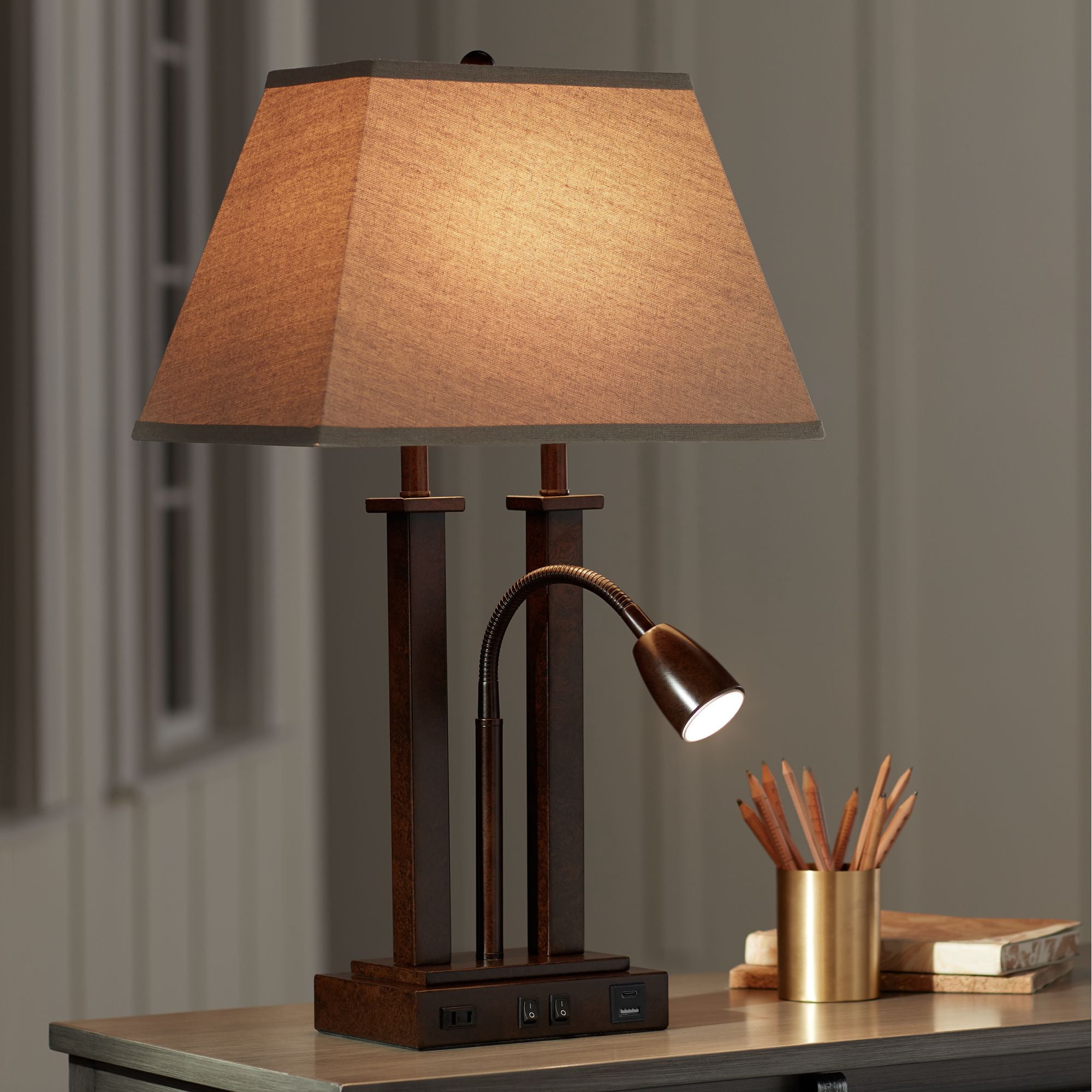 Possini Euro Design Deacon Modern Desk Table Lamp 26" High Bronze with USB and AC Power Outlet in Base LED Reading Light Oatmeal Shade for Office Desk