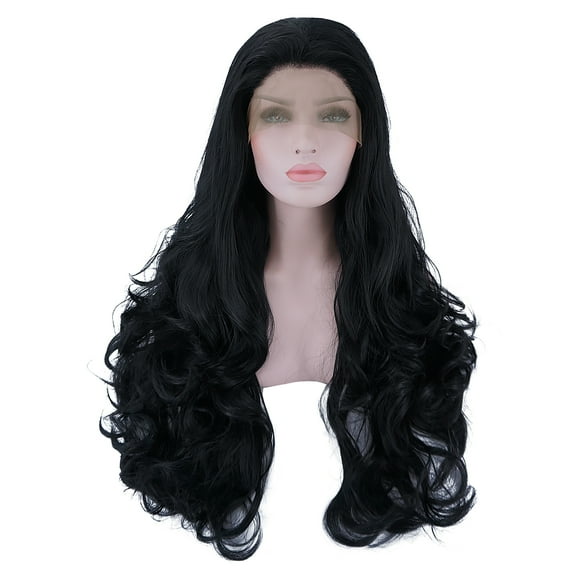 Unique Bargains Lace Front Wigs for Women 24" Black Long Body Wave with Wig Cap Synthetic Fibre 21" - 23"