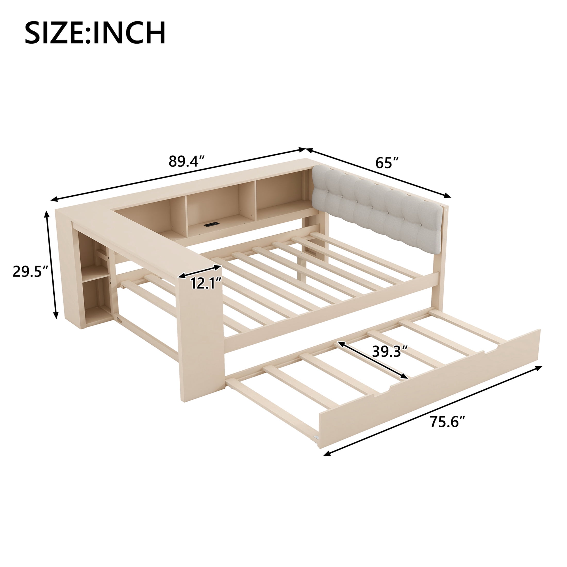 Noble House Full Wooden Platform Bed, Upholstered Headboard, Storage Shelves, Charging Station and Trundle, Cream