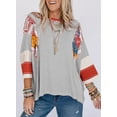 thumbnail image 6 of SHEWIN Womens Tops Spring Summer Boho Shirts Crew Neck Oversized Striped 3/4 Length Sleeve Patchwork Blouse Gray Stripe, 6 of 7