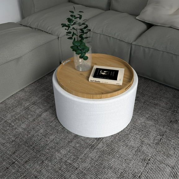 Ozarke Allure Coffee Table 22 Inch Modern Round Storage Ottoman - Upholstered Seat with Fabric Foam & Removable Top for Home Decor, Living Room, Dining Room & Bedroom - Cream White