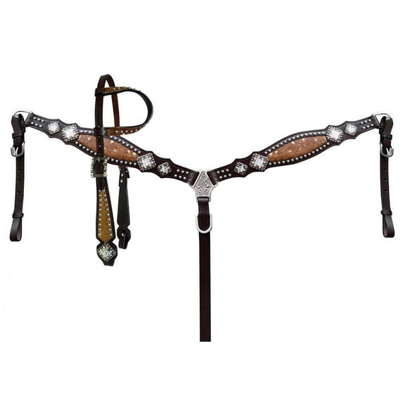 Showman Leather Headstall & Breast Collar Set w/ Cowhide Inlays & Crystal Rhinestones