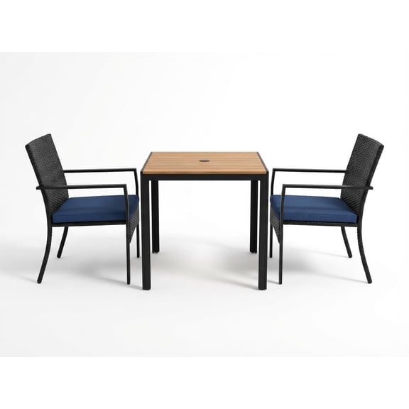 SOLLED 3-Piece Patio Dining Set, Outdoor Table and 2 Chairs with Umbrella Hole & Cushions, All-Weather Wicker Furniture for Backyard Garden Poolside,Blue Cushion